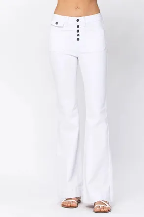 Judy Blue High Rise Button Fly Patch Pocket Flare Jeans In White
