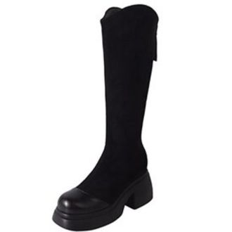 Generic Womens Knee High Boots Suede Like Fabric Round Toe Chunky Platform Heels Side Zipper Stretch Fit Solid Color Modern Stylish Design,Black,3.5 UK