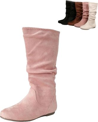 Generic Women Round Toe Slouch Vegan Comfy Flat Mid Calf Tall Faux Suede Leather Boots Slouchy Pull on Round Toe Knight Riding Shoes (Pink,6.5)