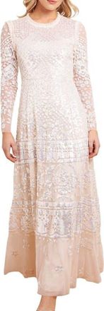 Needle & Thread Aurora Long Sleeve Round Neck Gown in Cream at Nordstrom, Size 16