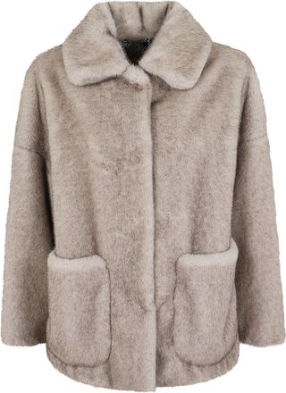 Herno Cropped Taupe Gray Faux Fur Jacket With Classic Collar