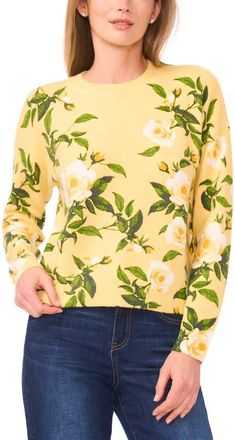 CeCe by Cynthia Steffe Floral Brushed Sweater in Misted Yellow at Nordstrom, Size X-Small