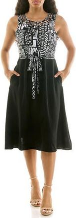 Nina Leonard Tie Waist A-Line Dress in Black Multi at Nordstrom Rack, Size X-Large