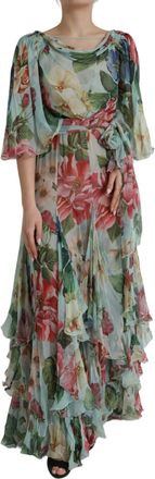 Dolce & Gabbana Womens Blue Floral Print Tiered Long Maxi Dress Silk