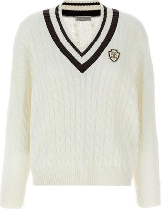 Brunello Cucinelli Cable Knit V-Neck Sweater - Dames - V-hals truien - Wit - M - Katoen - Truien & Vesten