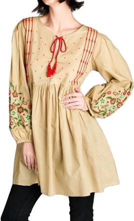Velzera Floral Embroidered Peasant Dress In Mocha