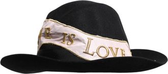 Dolce & Gabbana Black Logo Embroidered Women Wide Brim Hat Rabbit Viscose Cotton