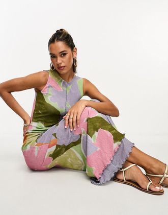 Asos Midikleid aus Mesh mit Print, Kr&auml;uselsaum und Rundhalsausschnitt-Bunt