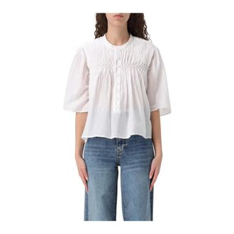 Isabel Marant Overhemden, Dames, Wit, XS, Katoen, Zwarte Smocked Yoke Blouse Korte Mouwen