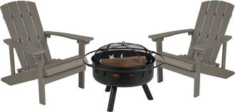 Flash Furniture 3 Piece Gray Poly Resin Wood Adirondack Chair Set with Fire Pit