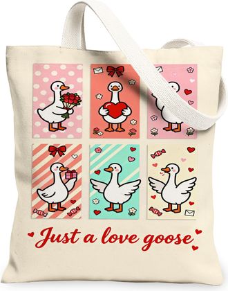 Generic ValentineS Goose Canvas Tote Bags, Cute Bird Pattern Reusable Grocery Bags, Lightweight Washable Shoulder Strap Canvas for, Beige, 13x15 Inch