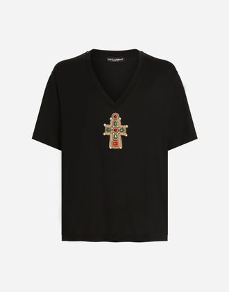 Dolce & Gabbana Cotton V-neck T-shirt With Patch - Man T-shirts And Polos Black 50