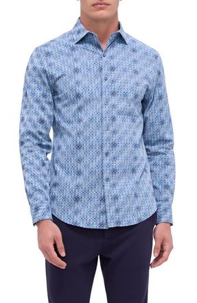 Bugatchi Axel Shaped Fit Stretch Cotton Button-Up Shirt in Dusty Blue at Nordstrom, Size Xxx-Large