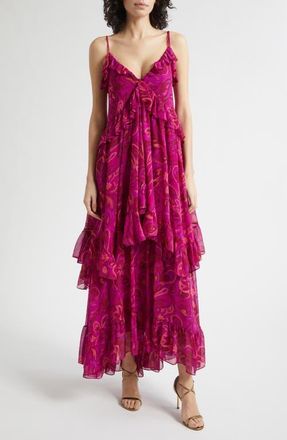 Cinq &agrave; Sept Anahi Paisley Bloom Ruffle Maxi Dress in Purple Garnet Multi at Nordstrom, Size 10