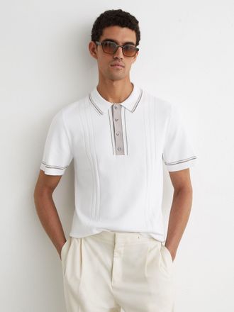 Reiss Off White Tipped Half-button Knitted Polo Shirt, Xxl