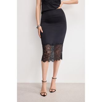 Good American Womens Satin Lace Slip Midi Skirt | Black, Size Medium | Good American by Khlo&Egrave; Kardashian