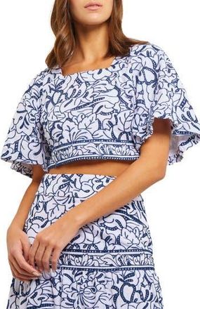 Misook Embroidered Floral Cotton Crop Top in Mazarine/white at Nordstrom Rack, Size X-Small