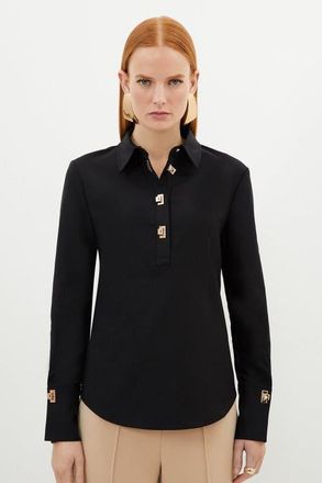 Karen Millen Techno Cotton Gold Clasp Shirt in Black at Nordstrom, Size 4