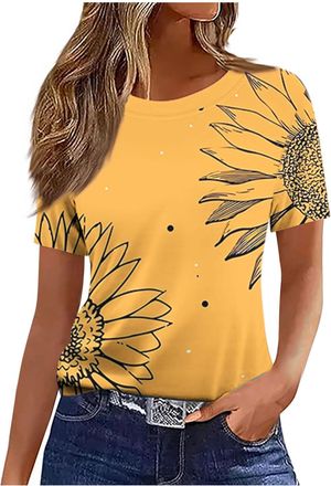 Generic Womens Tops Round Neck Short Sleeve T Shirts Cotton Tunic Blouses for Women UK Ladies Summer Shirt Trendy T-Shirts Dressy Casual Tunic Tops Longline O