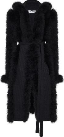 The Attico Lange gebreide jas met ceintuur en veren - Dames - Lange truien - Zwart - M - Polyester - Truien & Vesten