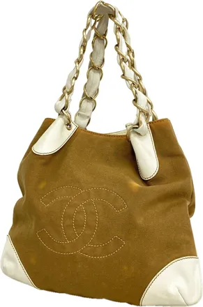 Chanel Beige White Canvas Tote Bag (Pre-Owned)