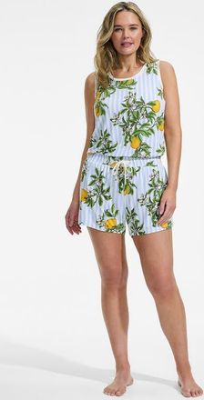 Lands End Cooling 3 Piece Pajama Set - Robe Tank and Shorts in Misty Blue Citrus Stripe at Nordstrom, Size X-Small
