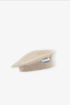 Ganni Beige Wool Rib Knit Beret