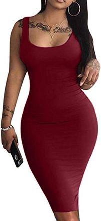 Generic Womens Sexy Bodycon Tank Dress UK Sale Sleeveless Basic Midi Club Dresses Solid Print Ladies Scoop Neck Elegant Evening Party Dress