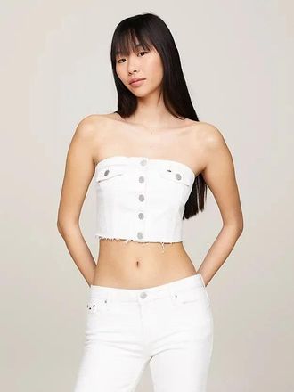 Tommy Hilfiger Tommy Jeans Bustier Top Women White Denim Off the Shoulder Cropped FTS1297