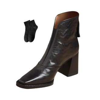 Generic Winter Shoes Womens Ankle Boot Short Leather Boots for Women Fall Winter Square Toe Retro Back Zip Chunky Heel Platform Boots Outdoor Comfortable Shoe