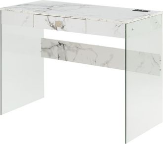 Convenience Concepts Soho 42 Inch Glass Desk With Charging Station, Faux White Marble