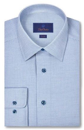 David Donahue Trim Fit Blue Micro Houndstooth Cotton & Cashmere Dobby Dress Shirt at Nordstrom Rack, Size 15 - 32/33