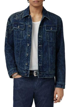 John Varvatos Anthony Embroidered Denim Trucker Jacket in Blue Smoke at Nordstrom, Size 50