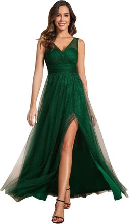 Ever-pretty Women Dress Maxi Bridesmaid Dress Sparkle Tulle Sleeveless with Double V and High Slit High Waist Design Long Evening Dress Dark Green 14UK