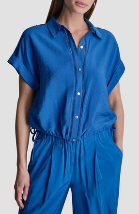 DKNY Ladder Lace Detail Short Sleeve Button-Up Shirt in Cobalt at Nordstrom, Size X-Large