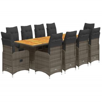 vidaXL Set De Mesa Y Sillas De Jard&iacute;n 11 Pzas Y Cojines Rat&aacute;n Pe Gris Vidaxl