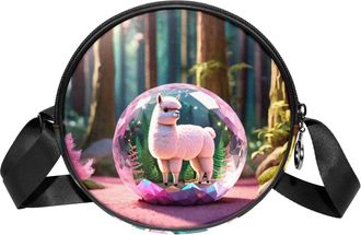 Generic Circle Crossbody Bag for Women, Alpacas Crystal Ball Small Sling Bag Daypack with Zipper Adjustable Shoulder Straps Casual Ladies Girls Round Purse