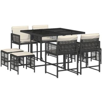 vidaXL Set De Comedor De Jard&iacute;n 9 Pzas Y Cojines Rat&aacute;n Sint&eacute;tico Negro Vidaxl