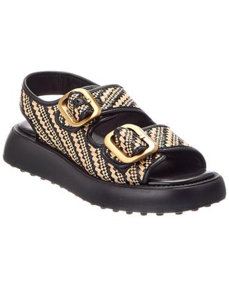 Tod's Tods Double Buckle Raffia & Leather Flat Sandal