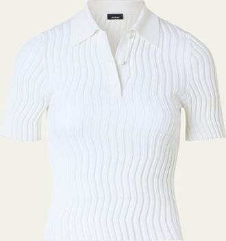 Akris Zigzag Rib Knit Short-Sleeve Polo Sweater