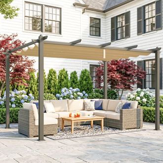 OUTSUNNY 3 x 4m Aluminium Pergola with Retractable Roof, Garden Gazebo Khaki