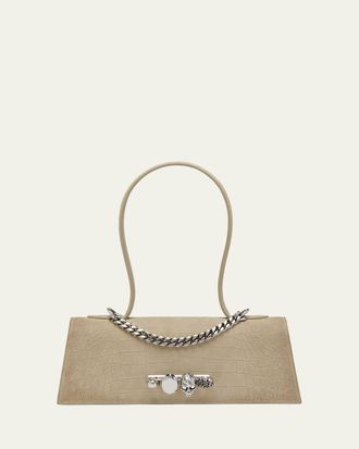Alexander McQueen Jewelled Croc-Embossed Suede Top-Handle Bag