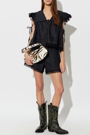 Ganni Linen Top With Lace Inserts, Womens, Black