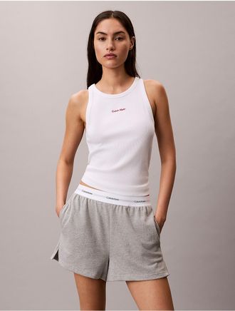 Calvin Klein Womens Logo Graphic Ribbed Sleep Tank Top - White - XS