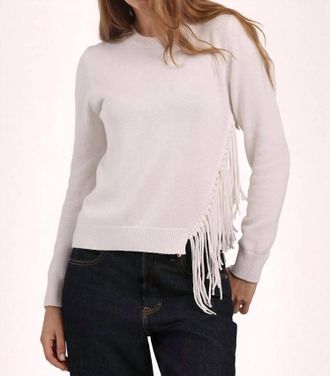Minnie Rose Cotton Cashmere Fringe Trim Crew Neck Sweater In White