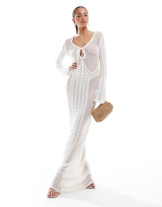 4th & Reckless crochet flared sleeve keyhole detail maxi beach dress in cream-White