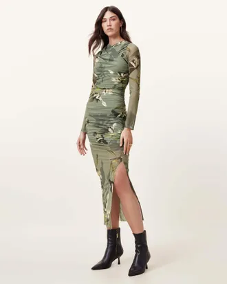 AllSaints Hanako Print Mesh Wrap Maxi Dress