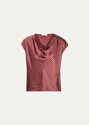 Vince Ombr&eacute; Plaid Silk Satin Cowl-Neck Blouse