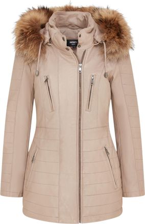 Infinity Leather Womens Beige Slim Fit Leather Hooded Parka Jacket-Northam