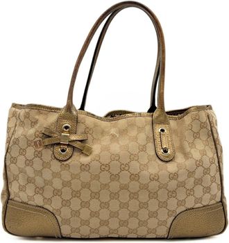 Gucci Beige Gold Gg Canvas Leather Shoulder Bag Tote Bag (Pre-Owned)